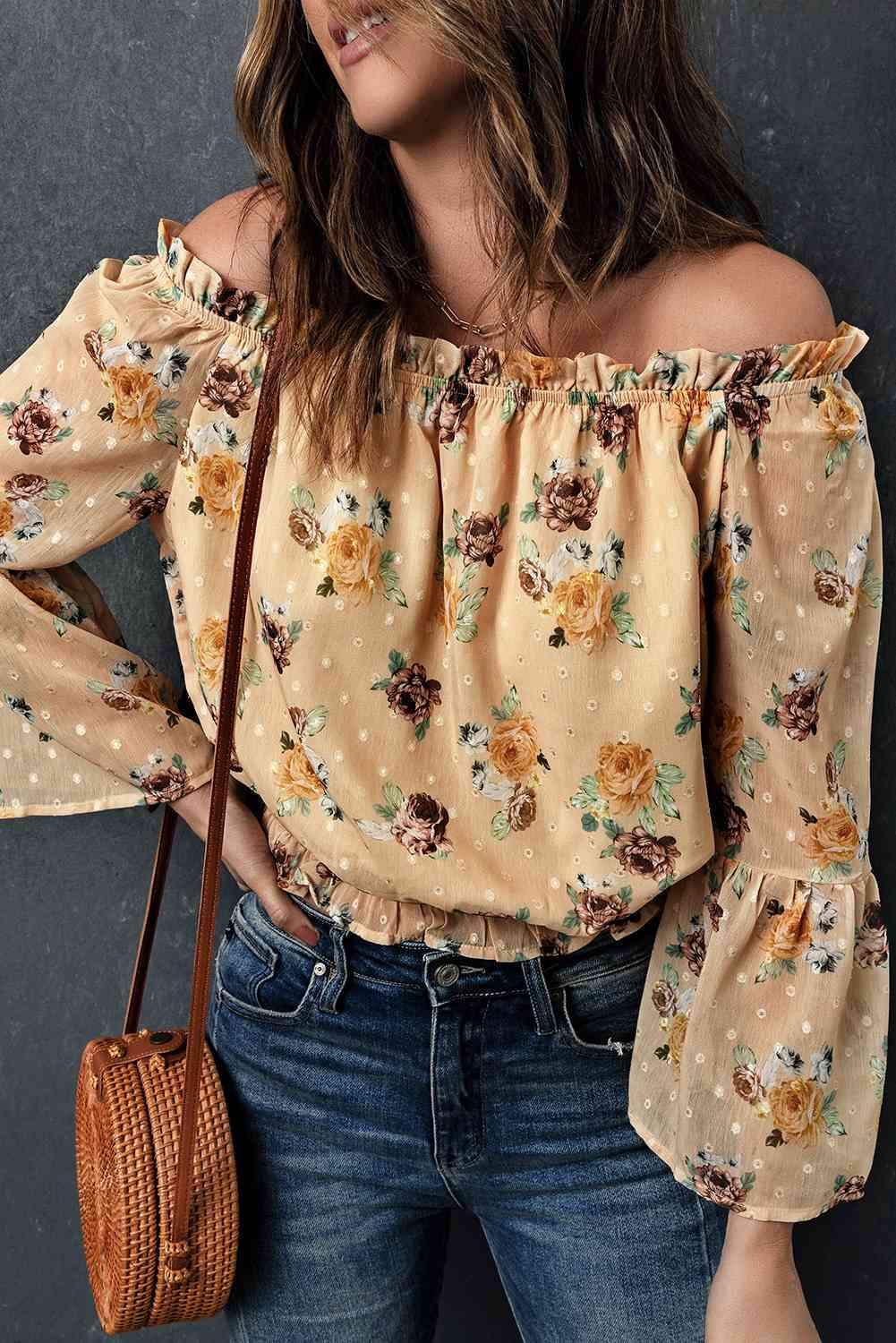 Floral Off-Shoulder Ruffle Hem Top Blouses - Tophatter Daily Deals