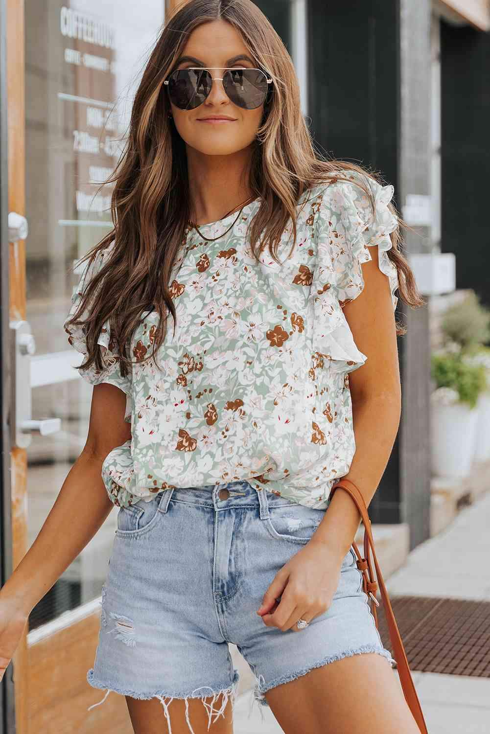 Floral Ruffled Flutter Sleeve Blouse Blouses - Tophatter Daily Deals