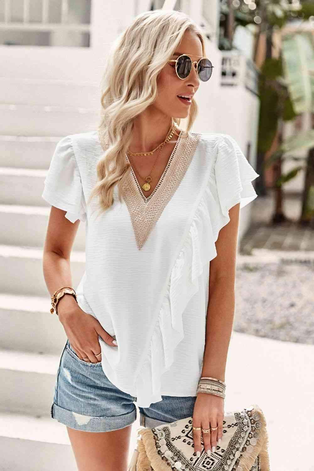 Contrast Ruffle Trim Flutter Sleeve Blouse White Blouses - Tophatter Daily Deals