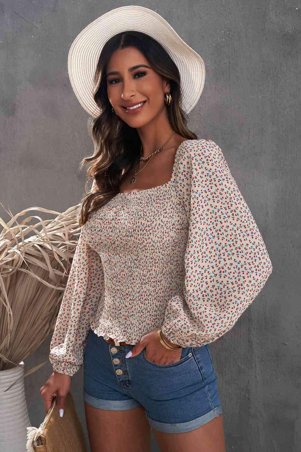 Floral Smocked Balloon Sleeve Top Blouses - Tophatter Daily Deals