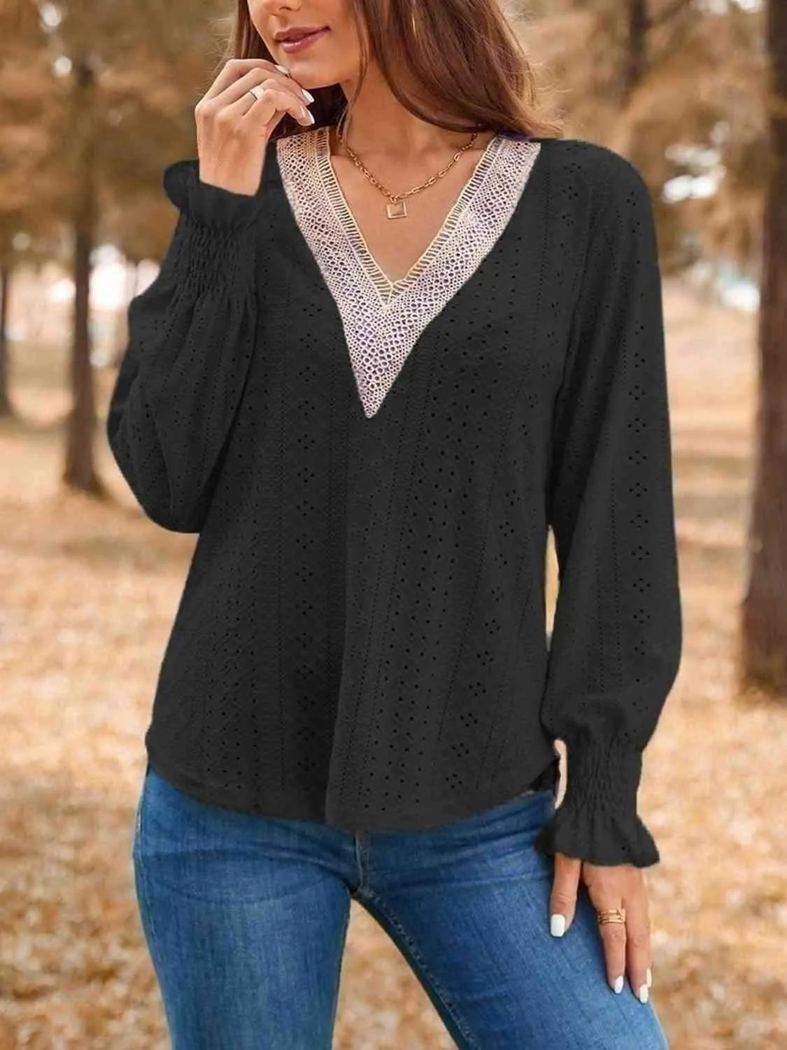 Eyelet V-Neck Flounce Sleeve Top Blouses - Tophatter Daily Deals