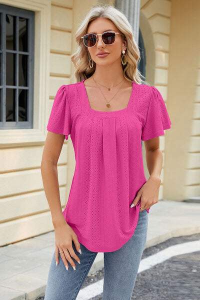 Eyelet Square Neck Short Sleeve T-Shirt Women's T-Shirts - Tophatter Daily Deals