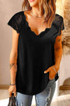 Scalloped Spliced Lace V-Neck Top Black Blouses - Tophatter Daily Deals