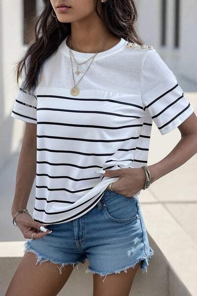 Decorative Button Striped Short Sleeve T-Shirt Women's T-Shirts - Tophatter Daily Deals