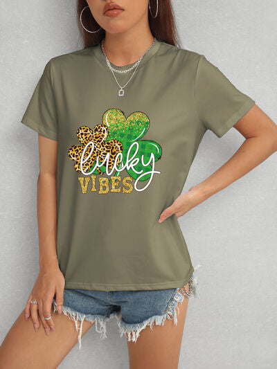 LUCKY VIBES Round Neck Short Sleeve T-Shirt Women's T-Shirts - Tophatter Daily Deals