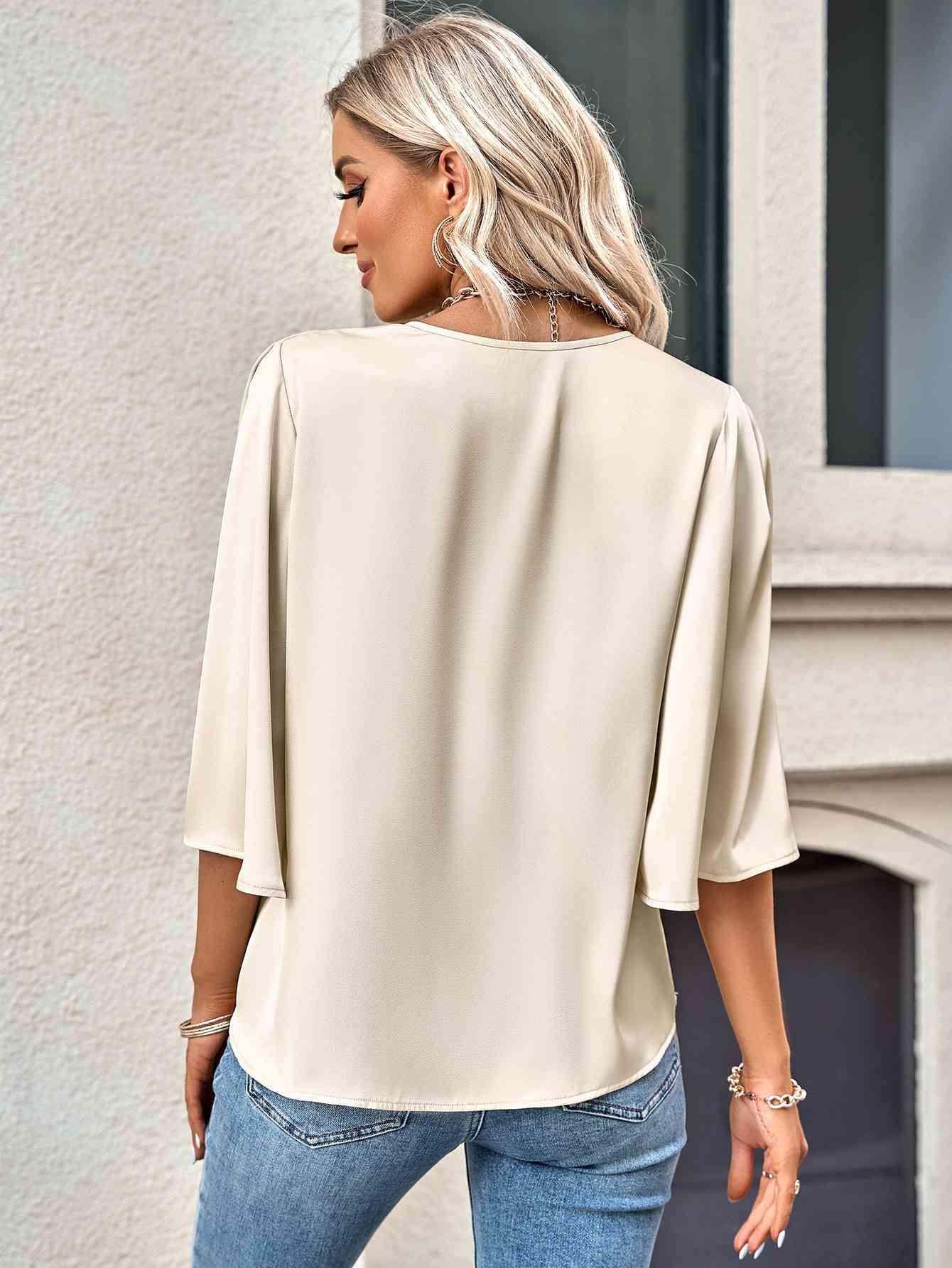 Three-Quarter Flare Sleeve V-Neck Blouse - Tophatter Deals