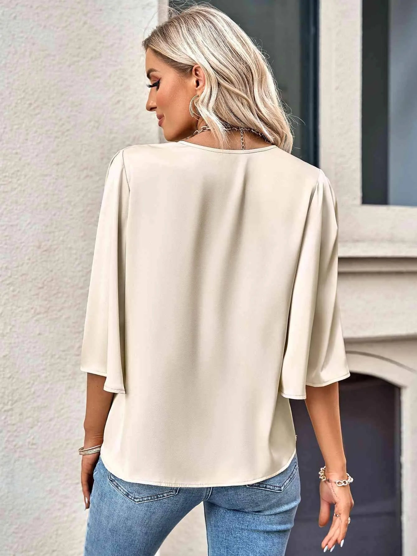 Three-Quarter Flare Sleeve V-Neck Blouse Blouses - Tophatter Daily Deals