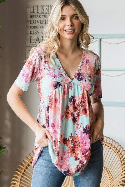 Heimish Full Size Floral V-Neck Short Sleeve Babydoll Blouse Blouses - Tophatter Daily Deals