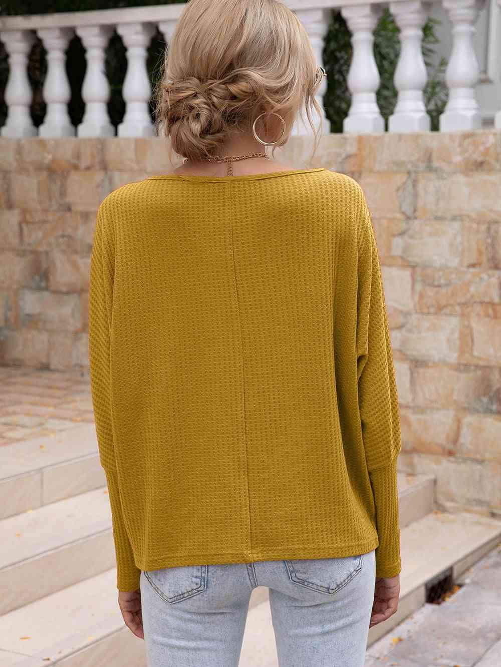 Waffle-Knit Boat Neck Long Sleeve Top Blouses - Tophatter Daily Deals