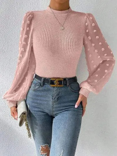 Swiss Dot Waffle-Knit Lantern Sleeve T-Shirt Blush Pink Women's T-Shirts - Tophatter Daily Deals