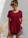 V-Neck Short Sleeve Babydoll Top Wine Blouses - Tophatter Daily Deals