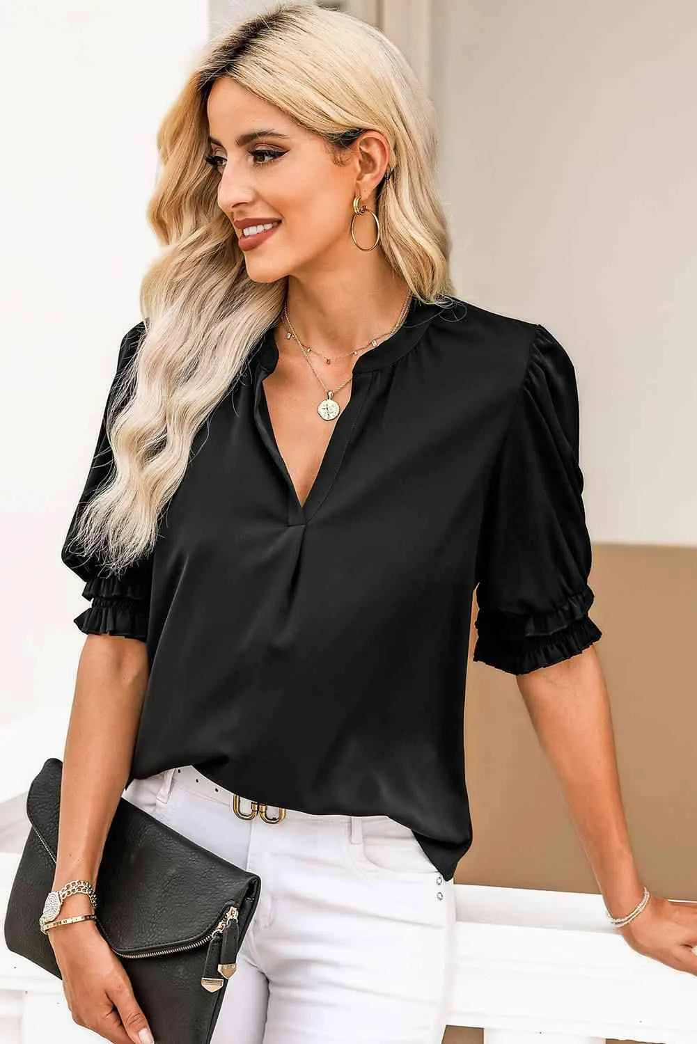 Notched Neck Puff Sleeve Blouse Blouses - Tophatter Daily Deals