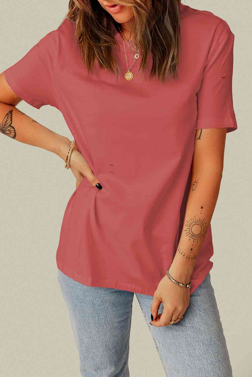 Distressed Round Neck Tee Women's T-Shirts - Tophatter Daily Deals