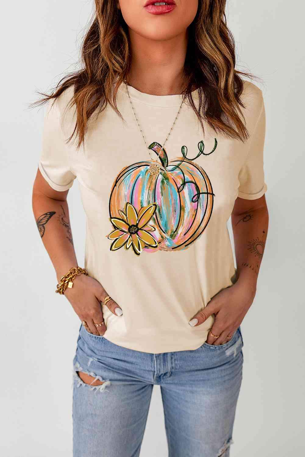 Pumpkin Graphic Round Neck T-Shirt Women's T-Shirts - Tophatter Daily Deals