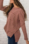 Striped Round Neck Long Sleeve Slit T-Shirt Stripe Women's T-Shirts - Tophatter Daily Deals