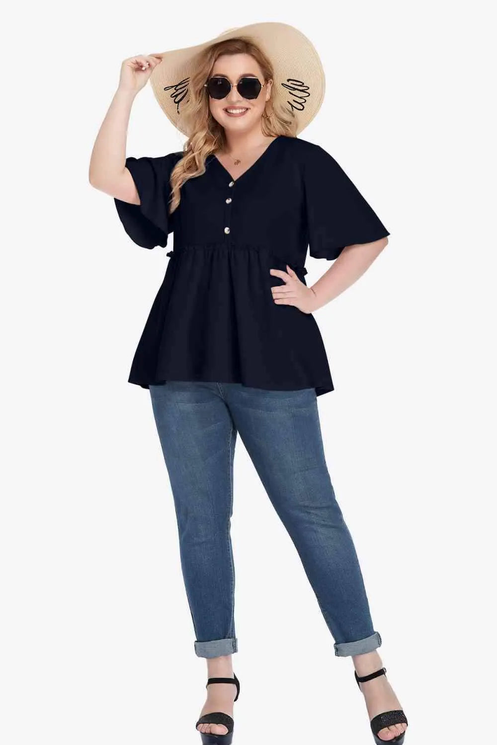 Plus Size Buttoned V-Neck Frill Trim Babydoll Blouse Blouses - Tophatter Daily Deals