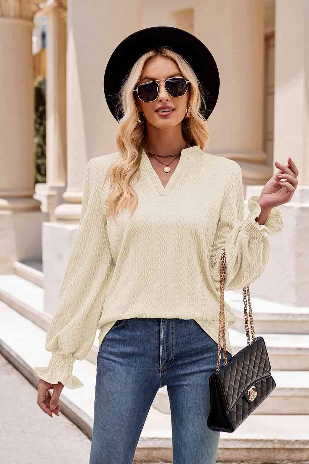 Notched Neck Flounce Sleeve Blouse Blouses - Tophatter Daily Deals