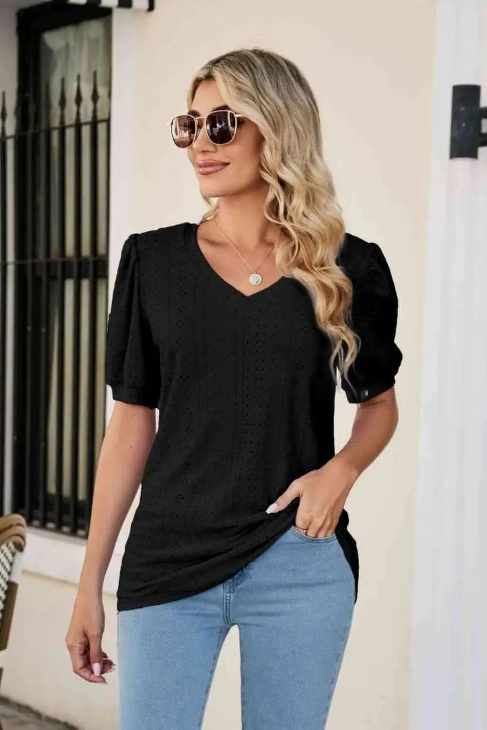 Eyelet Puff Sleeve V-Neck Top Blouses - Tophatter Daily Deals