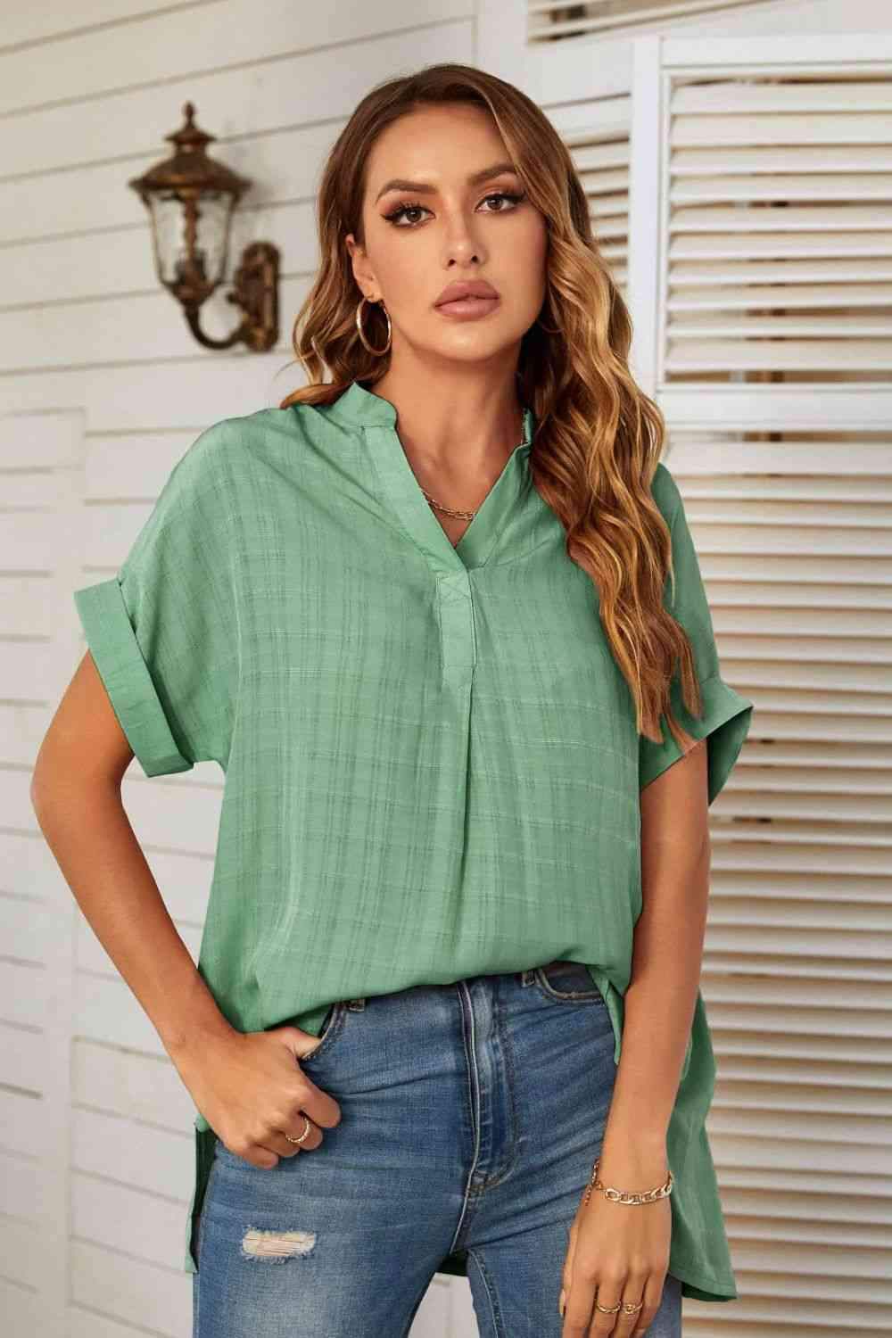 Notched Neck Slit Cuffed Blouse Gum Leaf Blouses - Tophatter Daily Deals