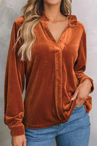 Notched Frill Detail Long Sleeve Blouse Blouses - Tophatter Daily Deals