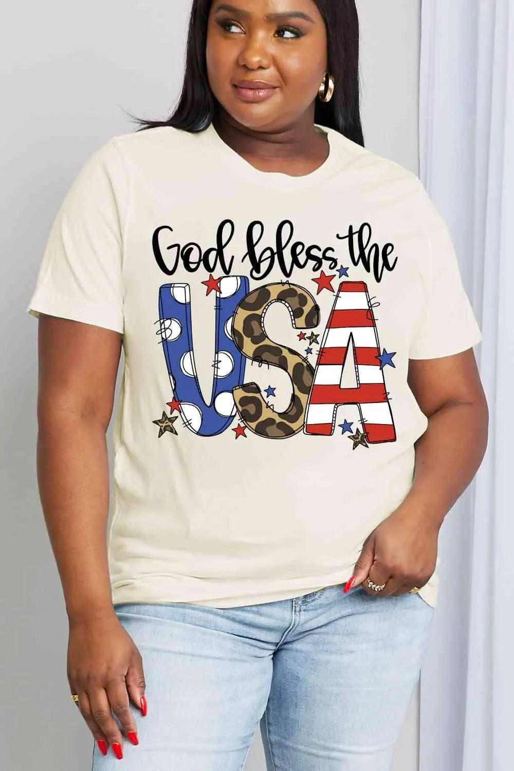 Simply Love Full Size GOD BLESS THE USA Graphic Cotton Tee Ivory Women's T-Shirts - Tophatter Daily Deals