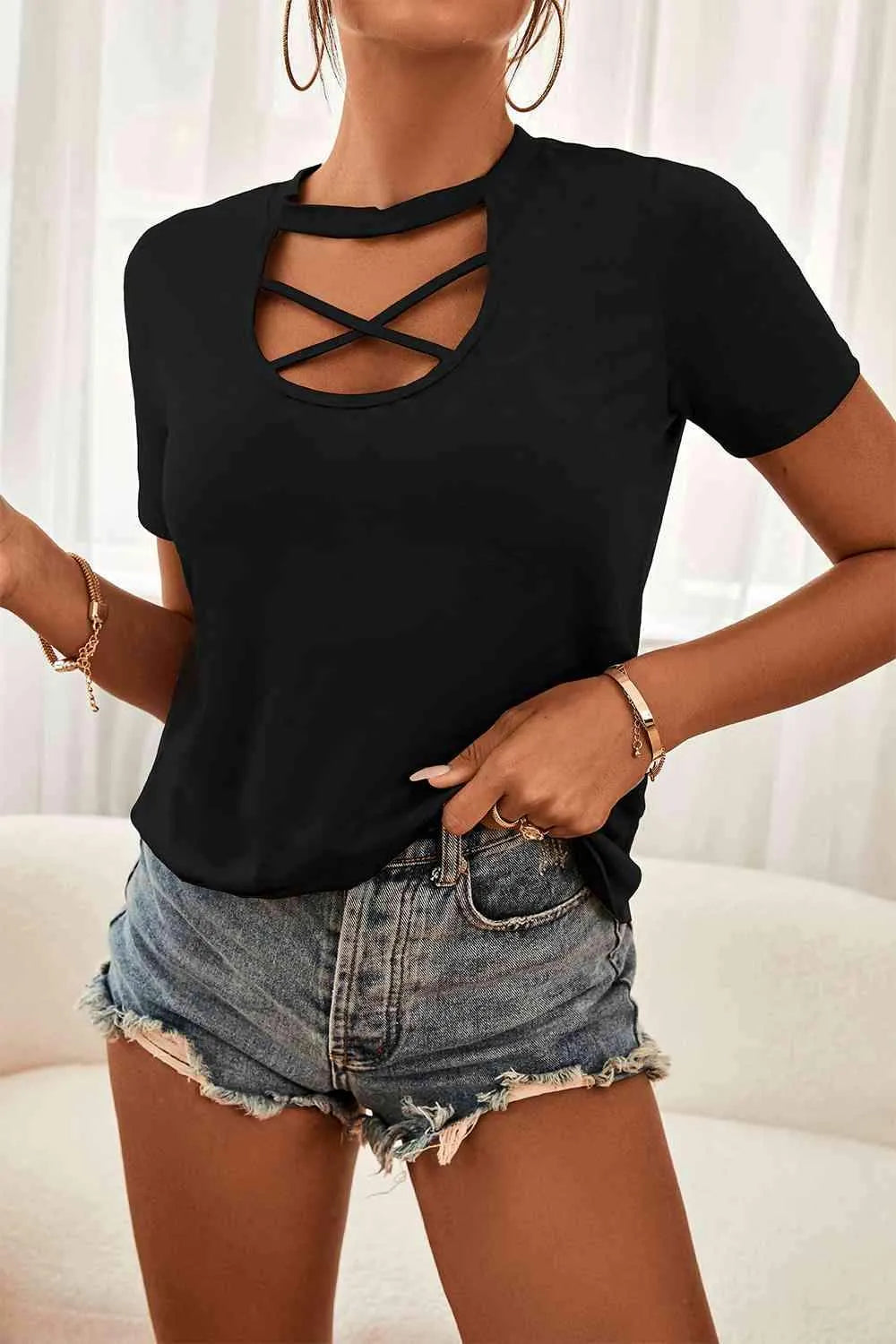 Crisscross Short Sleeve Tee Shirt Black XL Blouses - Tophatter Daily Deals