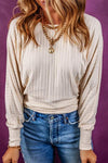 Ribbed Round Neck Long Sleeve Blouse White Blouses - Tophatter Daily Deals