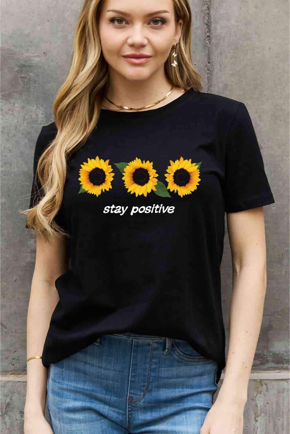 Simply Love Full Size STAY POSITIVE Sunflower Graphic Cotton Tee Black Women's T-Shirts - Tophatter Daily Deals