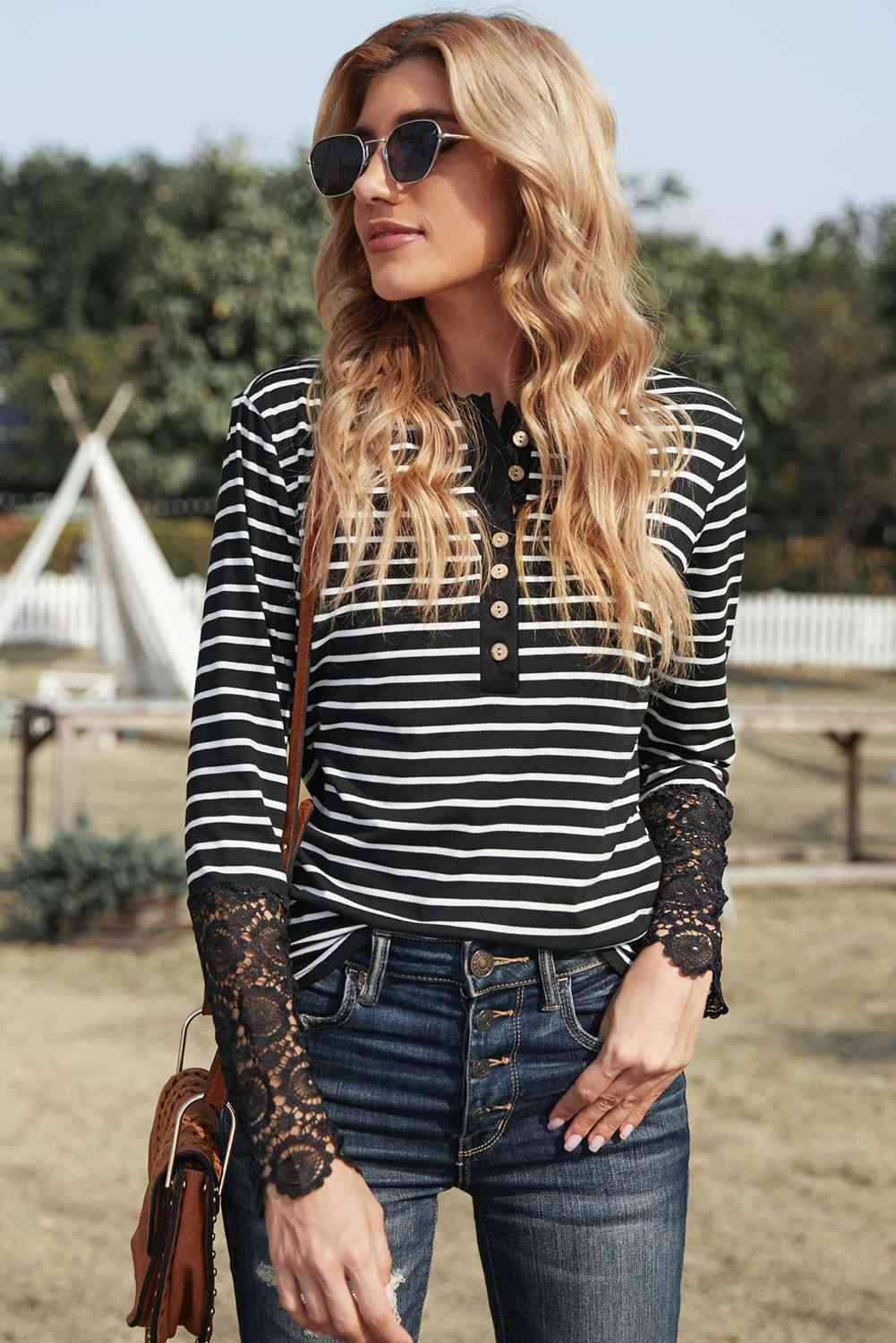 Striped Button-Up Lace Detail Long Sleeve Blouse Black Blouses - Tophatter Daily Deals