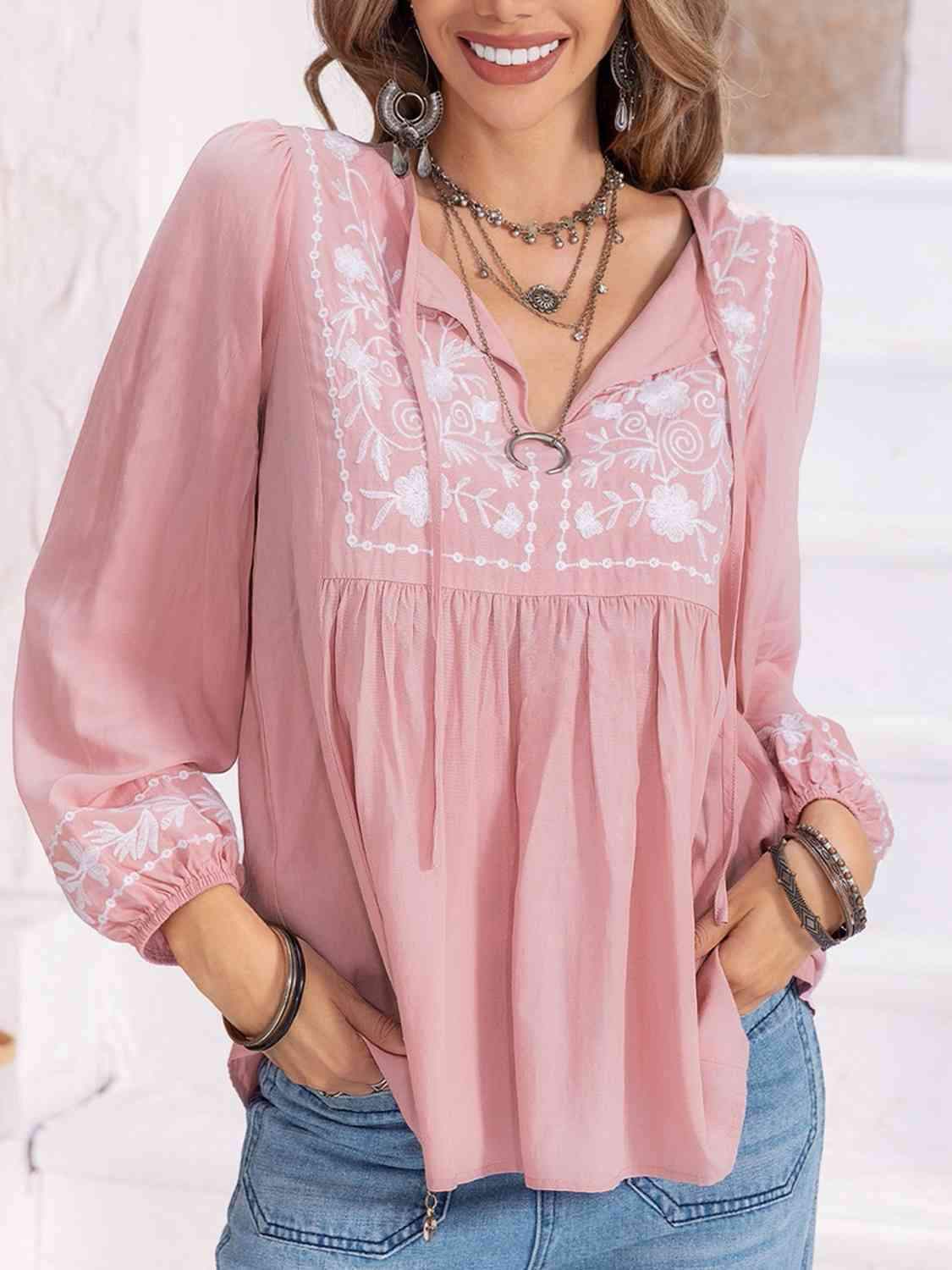 Floral Tie Neck Balloon Sleeve Blouse Blush Pink Blouses - Tophatter Daily Deals