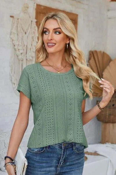 Eyelet Round Neck Rolled Short Sleeve T-Shirt Women's T-Shirts - Tophatter Daily Deals