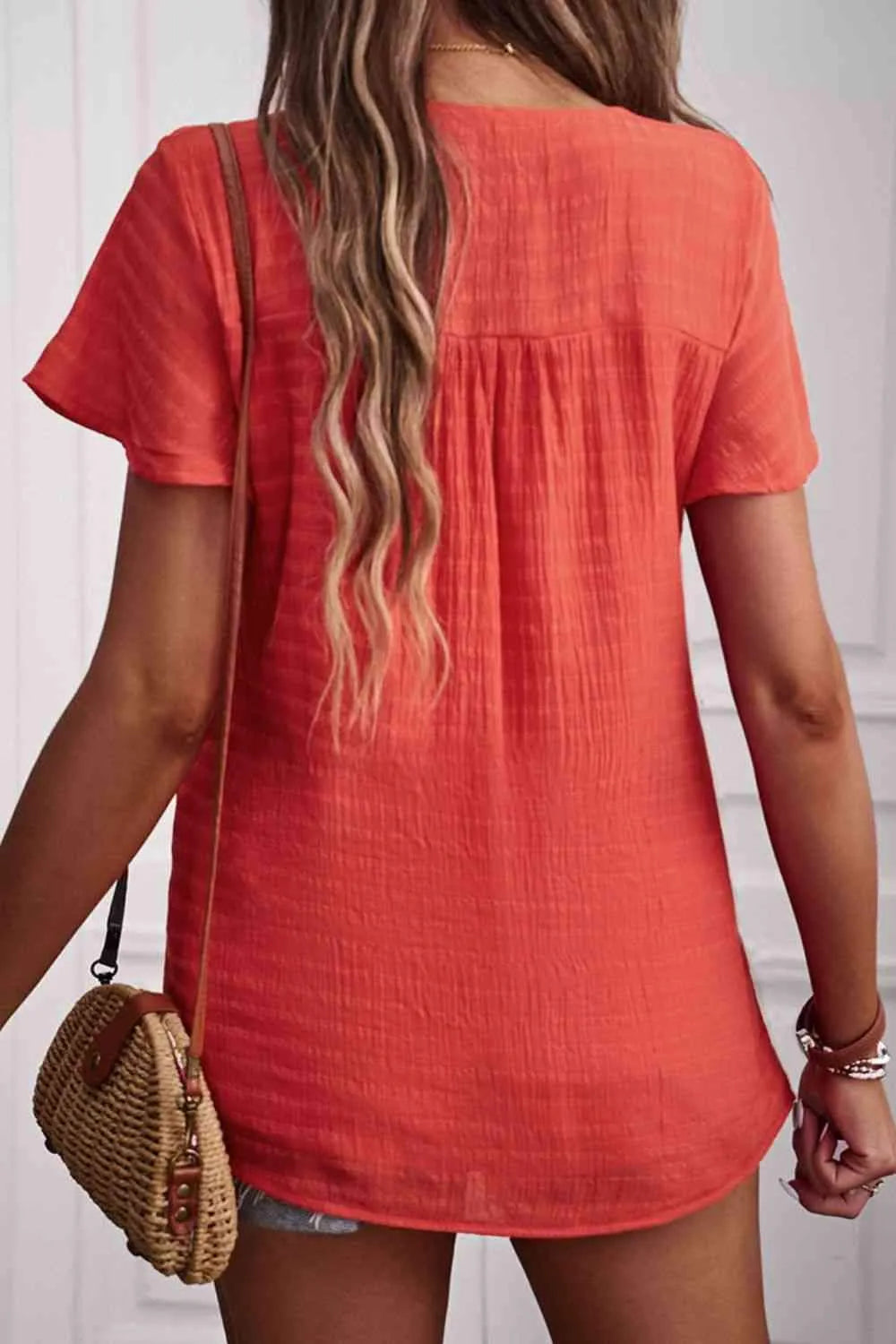 Quarter-Button Round Neck Short Sleeve Top Blouses - Tophatter Daily Deals