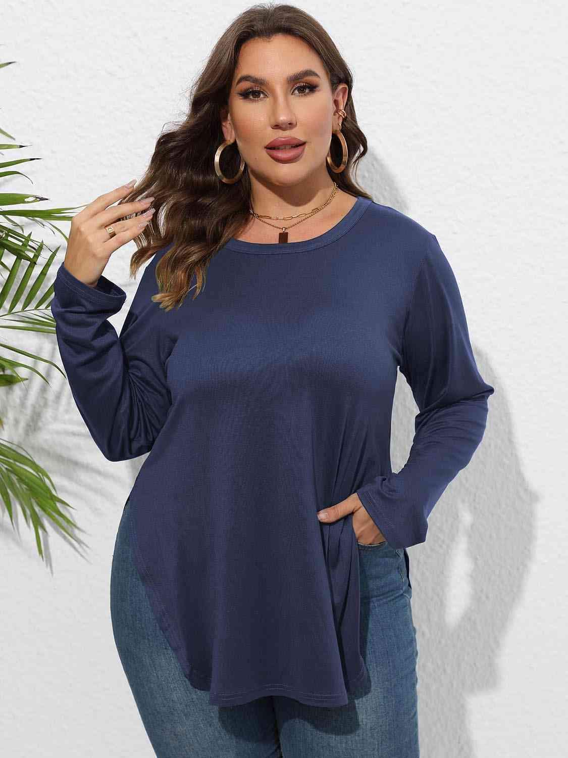 Plus Size Round Neck Long Sleeve Slit T-Shirt Women's T-Shirts - Tophatter Daily Deals