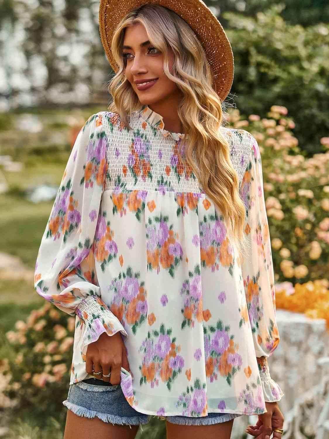 Floral Smocked Lantern Sleeve Blouse Lavender Blouses - Tophatter Daily Deals