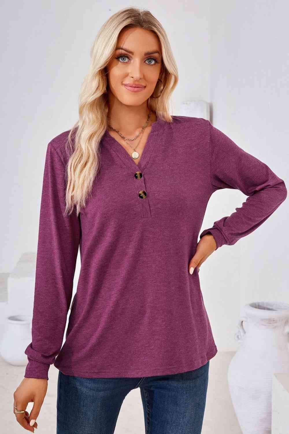 V-Neck Buttoned Long Sleeve Blouse Blouses - Tophatter Daily Deals