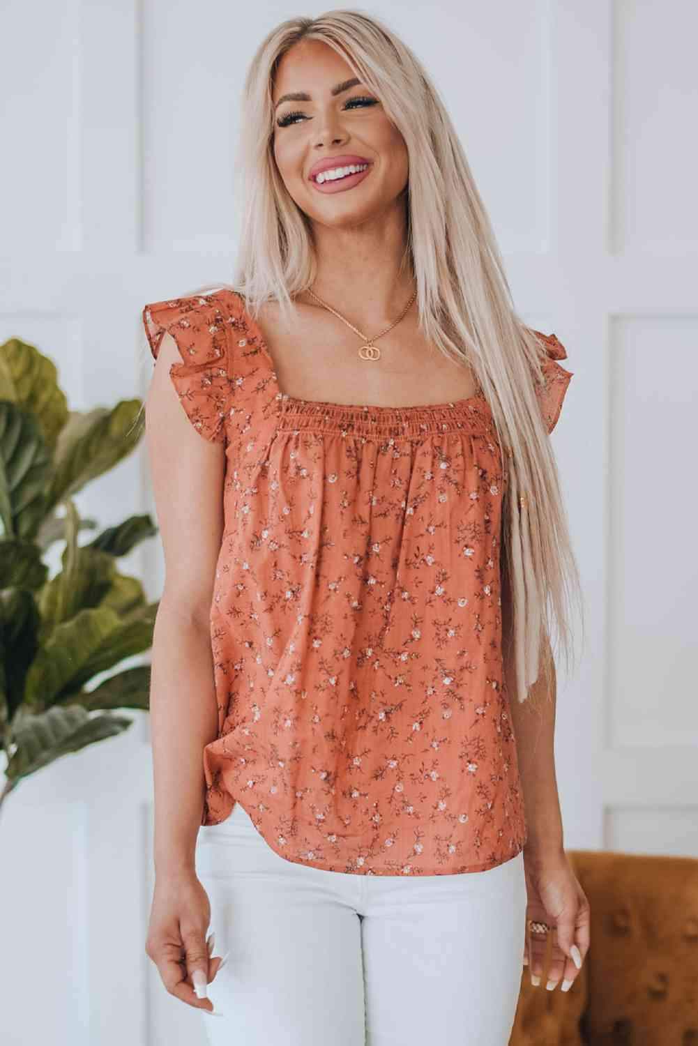 Floral Smocked Square Neck Top Blouses - Tophatter Daily Deals