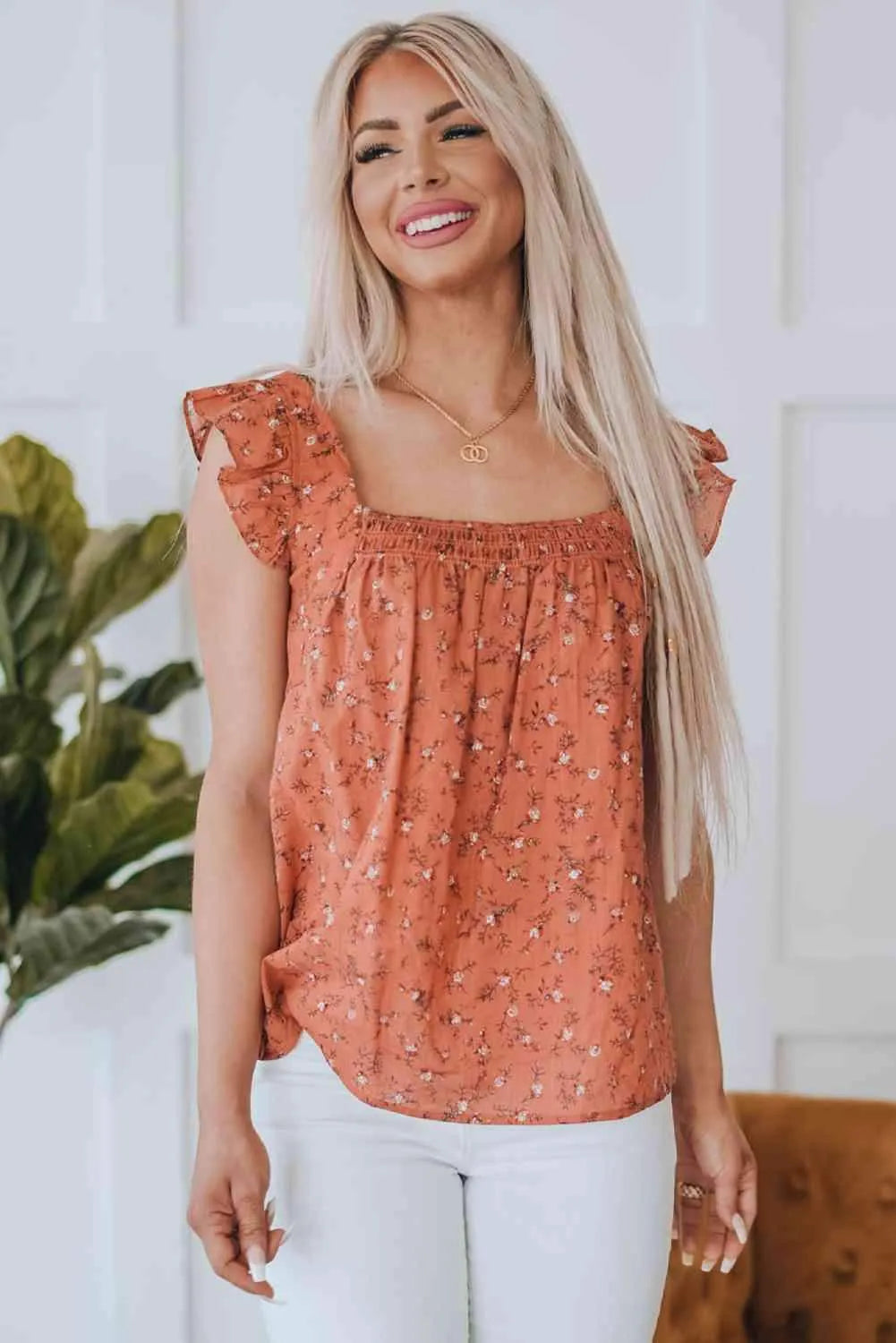 Floral Smocked Square Neck Top Blouses - Tophatter Daily Deals