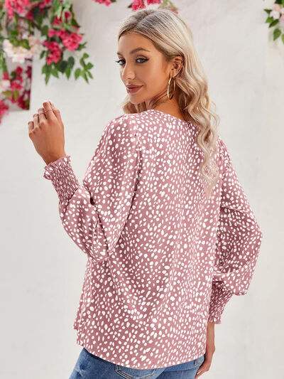 Printed V-Neck Lantern Sleeve Blouse Blouses - Tophatter Daily Deals