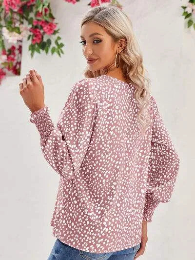 Printed V-Neck Lantern Sleeve Blouse Blouses - Tophatter Daily Deals