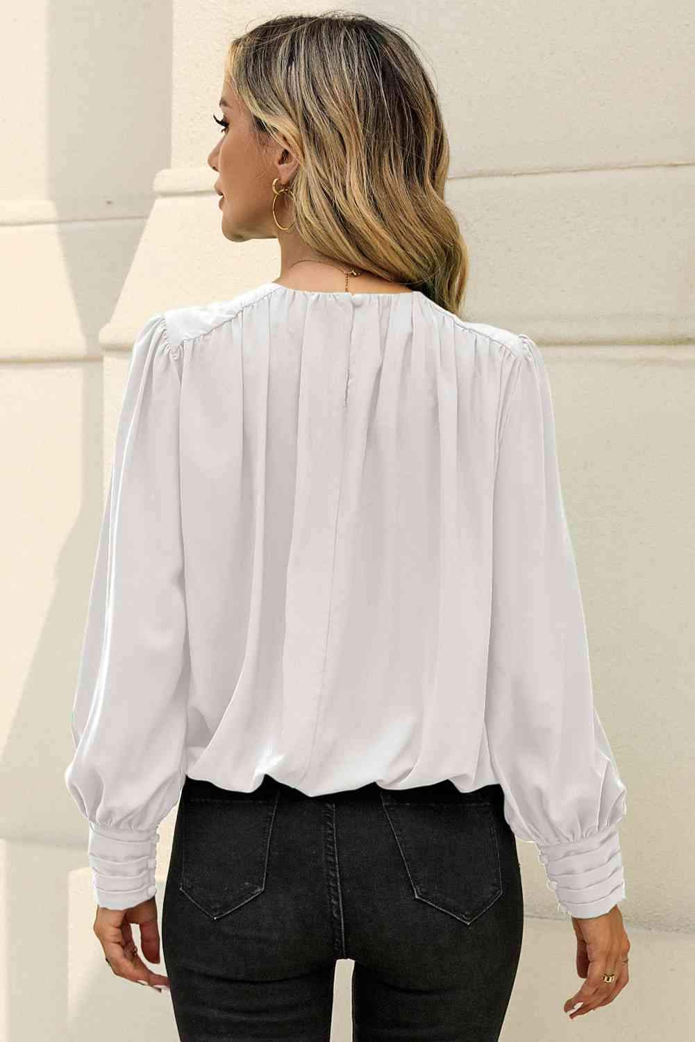 Round Neck Puff Sleeve Blouse Blouses - Tophatter Daily Deals