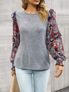 Round Neck Contrasting Color Printed Lantern Sleeve Top Women's T-Shirts - Tophatter Daily Deals