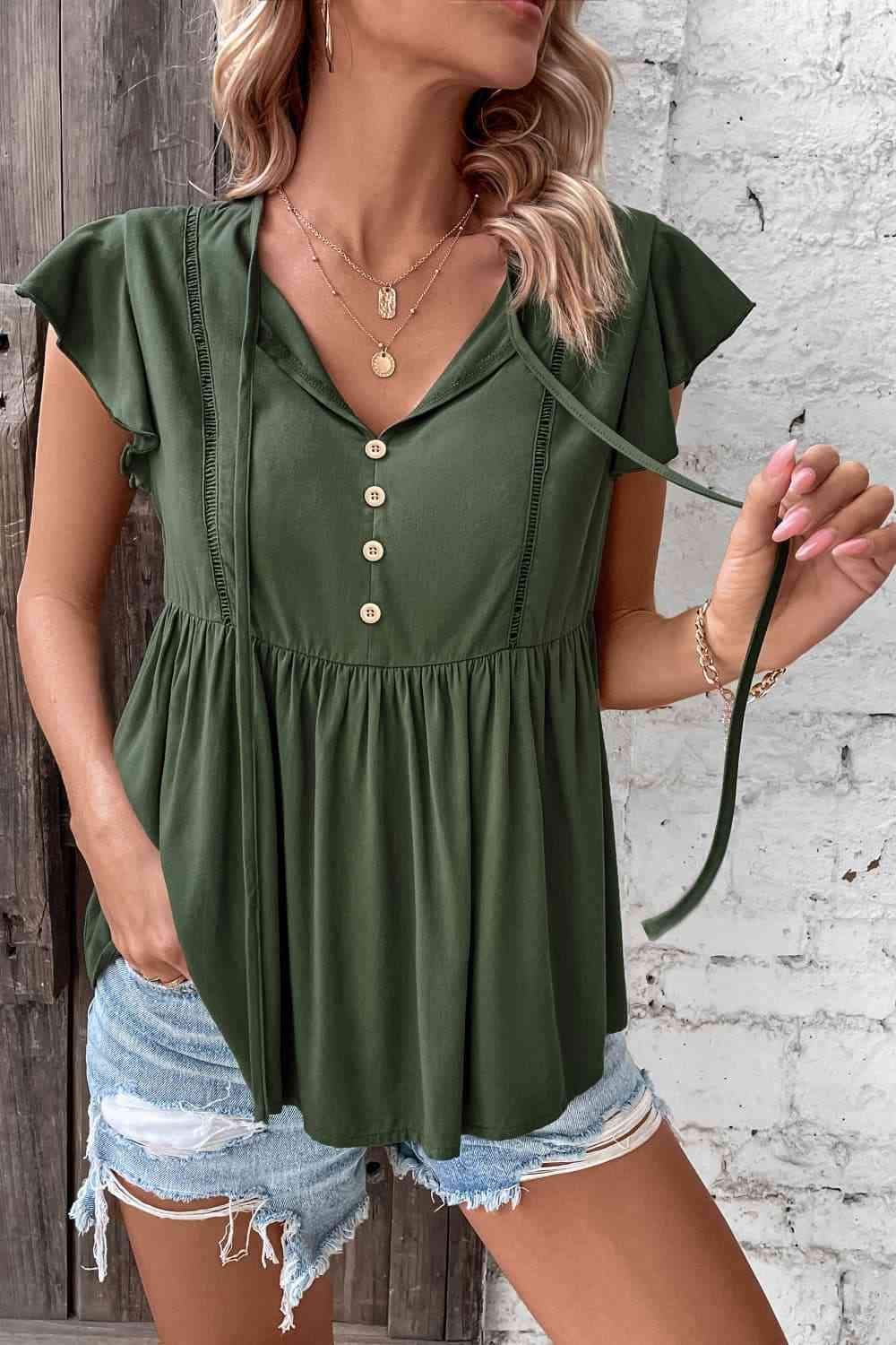 Buttoned Tie Neck Flutter Sleeve Babydoll Top Sage Blouses - Tophatter Daily Deals