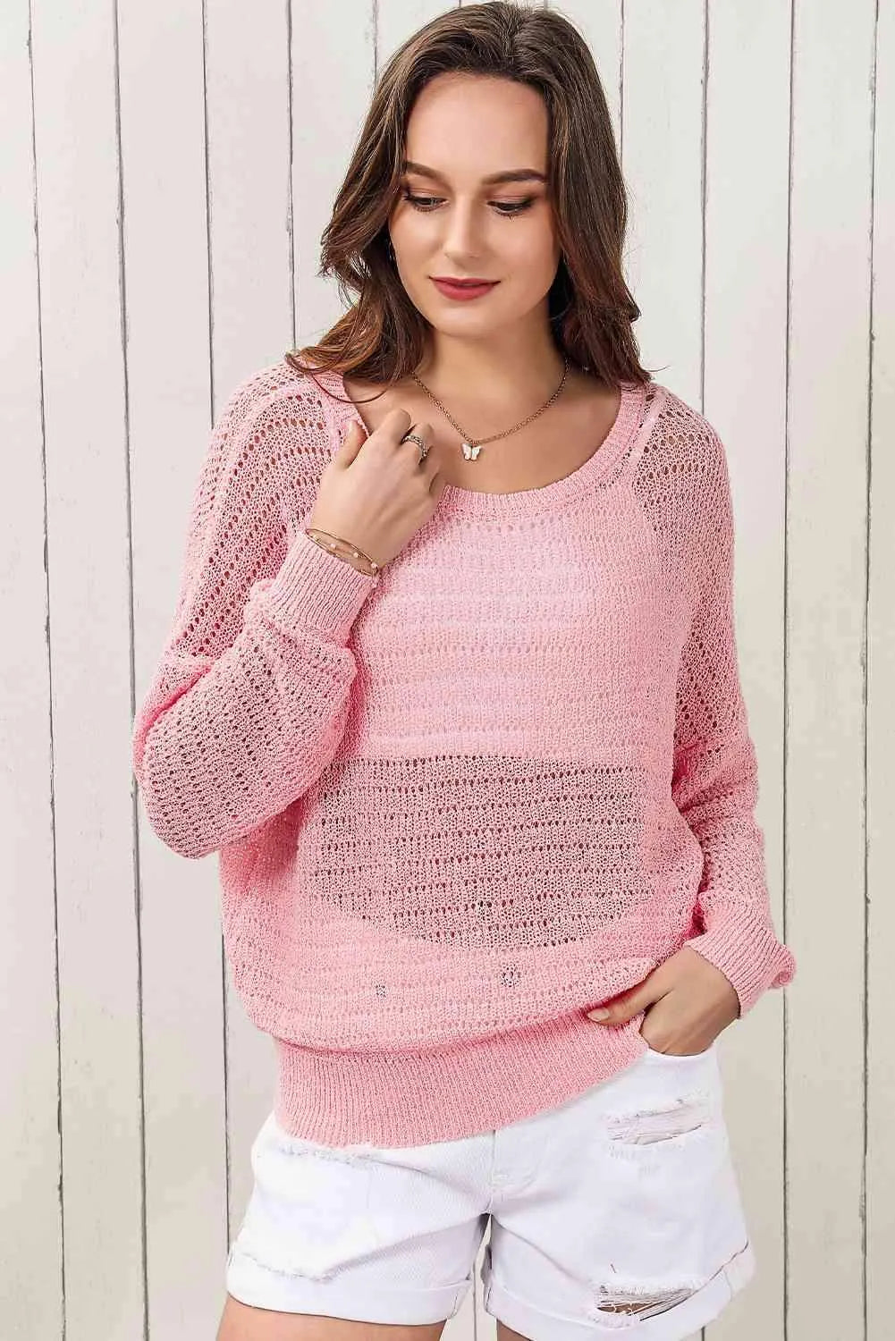 Double Take Openwork Round Neck Dropped Shoulder Knit Top Blouses - Tophatter Daily Deals