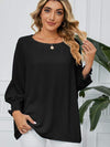 Smocked Lantern Sleeve Round Neck Blouse Black Blouses - Tophatter Daily Deals