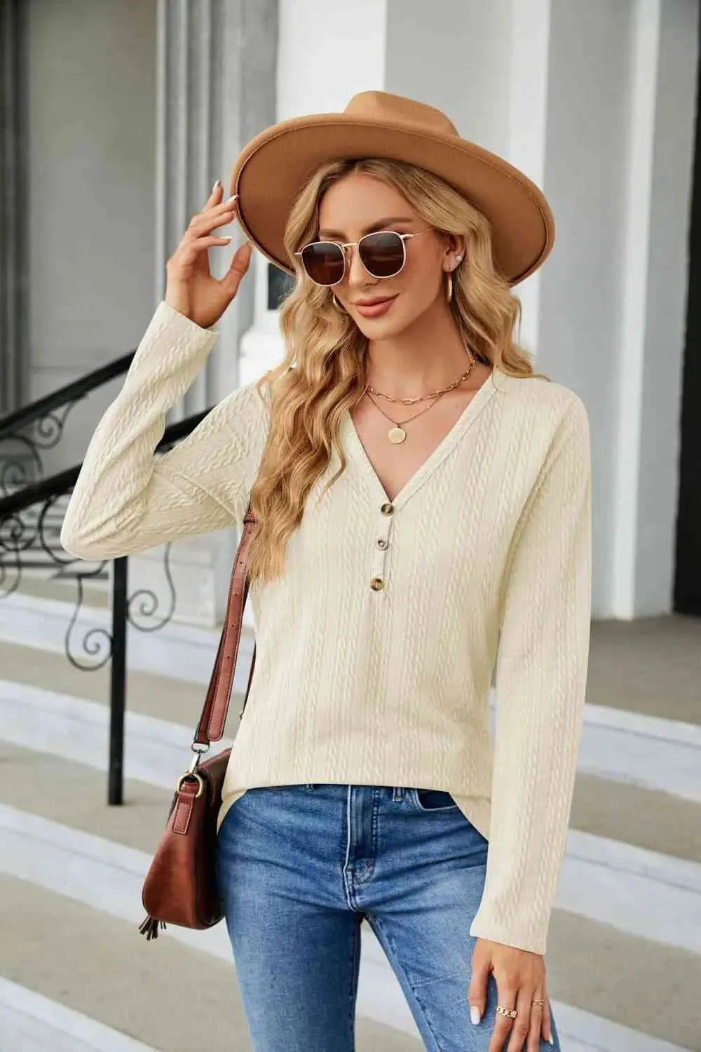 Cable-Knit Long Sleeve V-Neck T-Shirt Ivory Women's T-Shirts - Tophatter Daily Deals