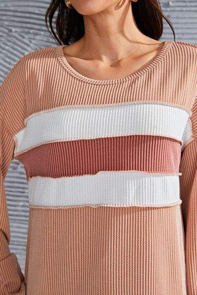 Ribbed Color Block Exposed Seam Round Neck Blouse Blouses - Tophatter Daily Deals