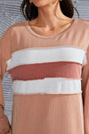 Ribbed Color Block Exposed Seam Round Neck Blouse Blouses - Tophatter Daily Deals