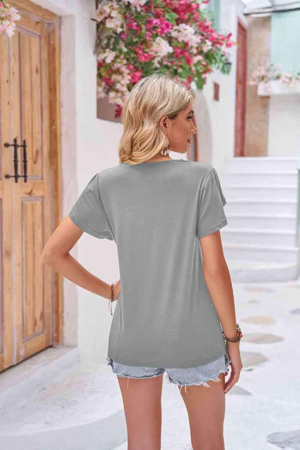 Contrast V-Neck Petal Sleeve Top Blouses - Tophatter Daily Deals