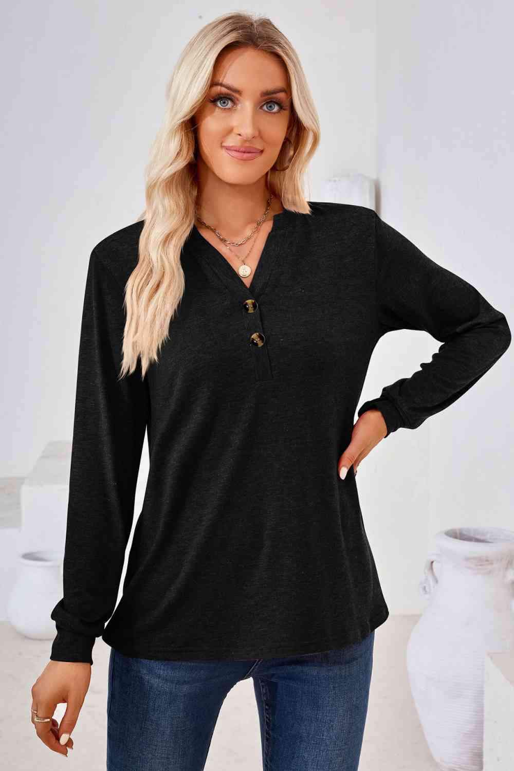 V-Neck Buttoned Long Sleeve Blouse Blouses - Tophatter Daily Deals