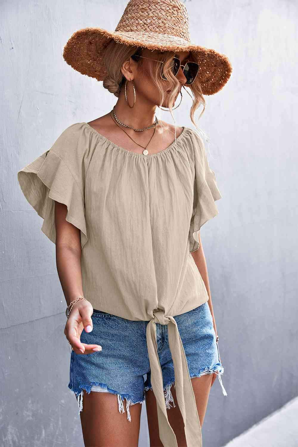 Flutter Sleeve Tie-Front Blouse Blouses - Tophatter Daily Deals